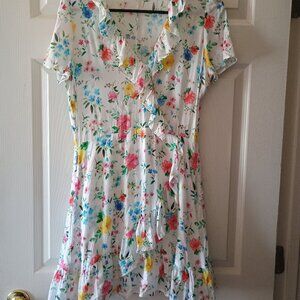 EUC MNG Casual White Floral Print Ruffle Mini Dress Size 6